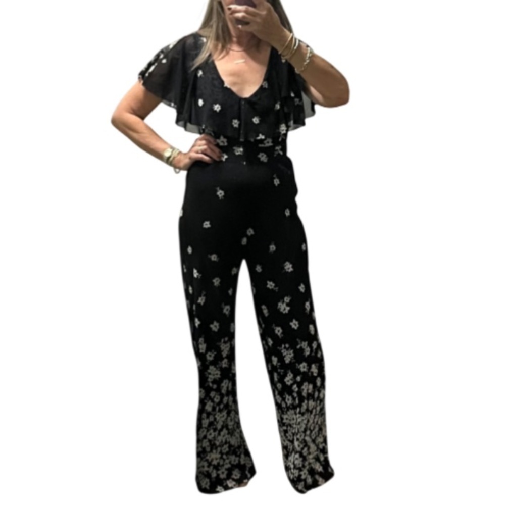 FUZZI Italian Black Floral Wide Leg Romper- M - Picture 3 of 14